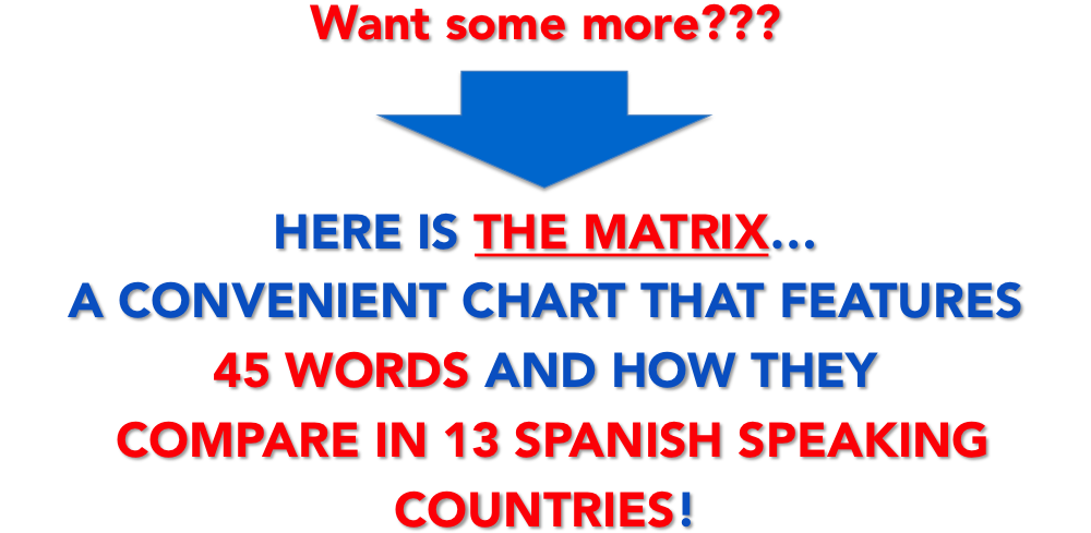 Want some more??? Here is the matrix… A convenient chart that features 45 words and how they compare in 13 spanish speaking countries!