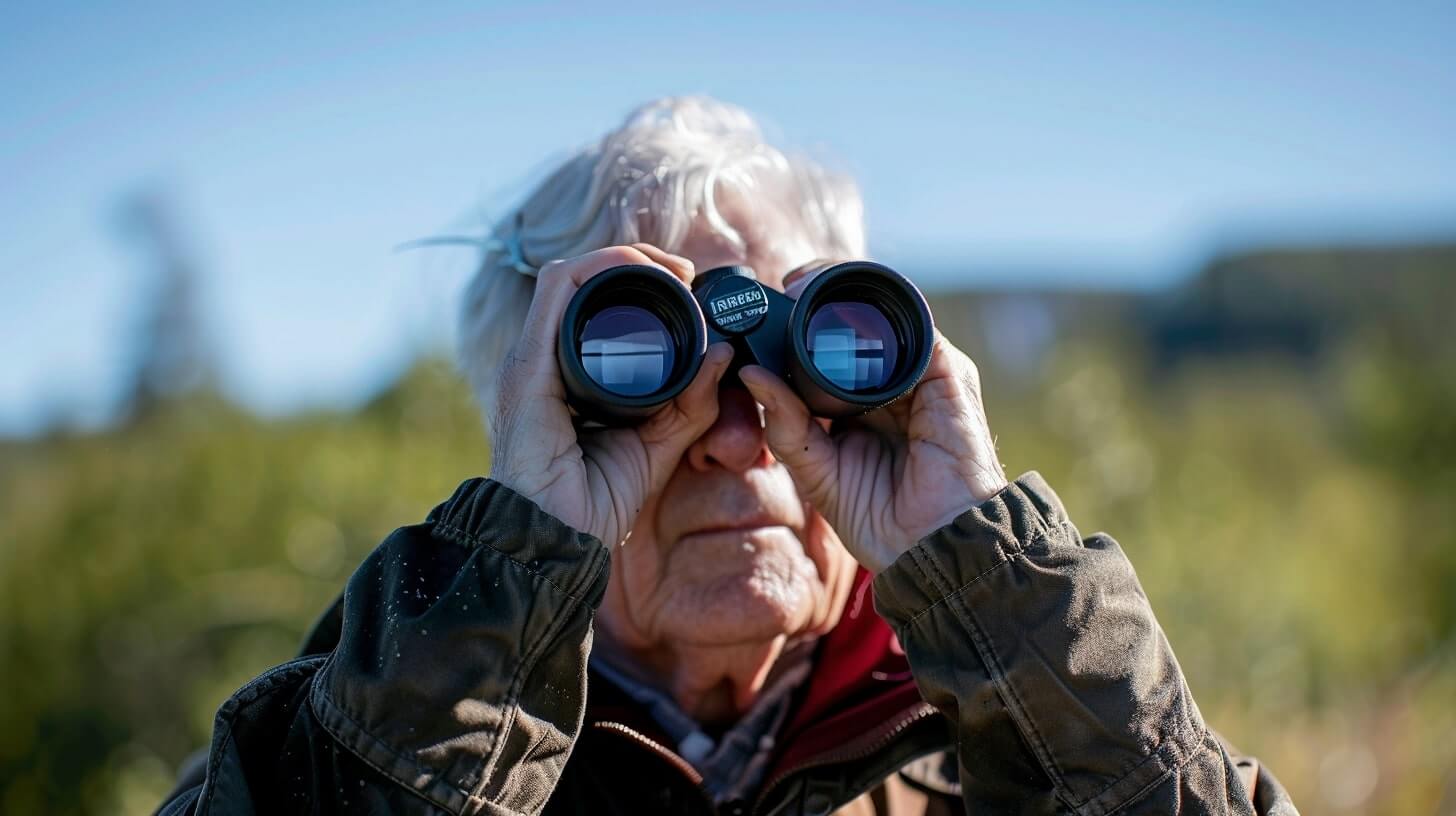 An elderly person looking through binoculars