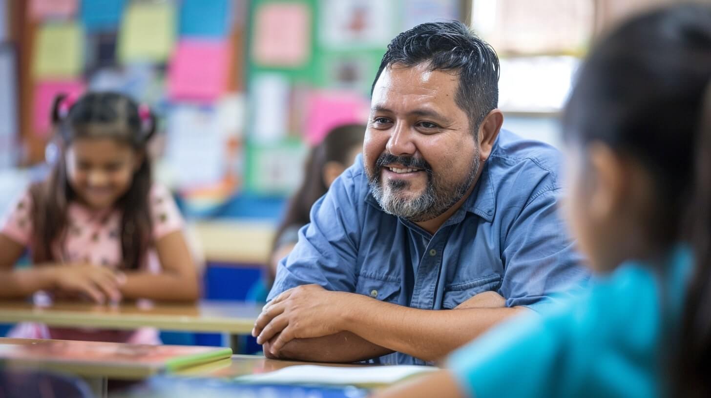 A Hispanic teacher and his students during a Spanish class 