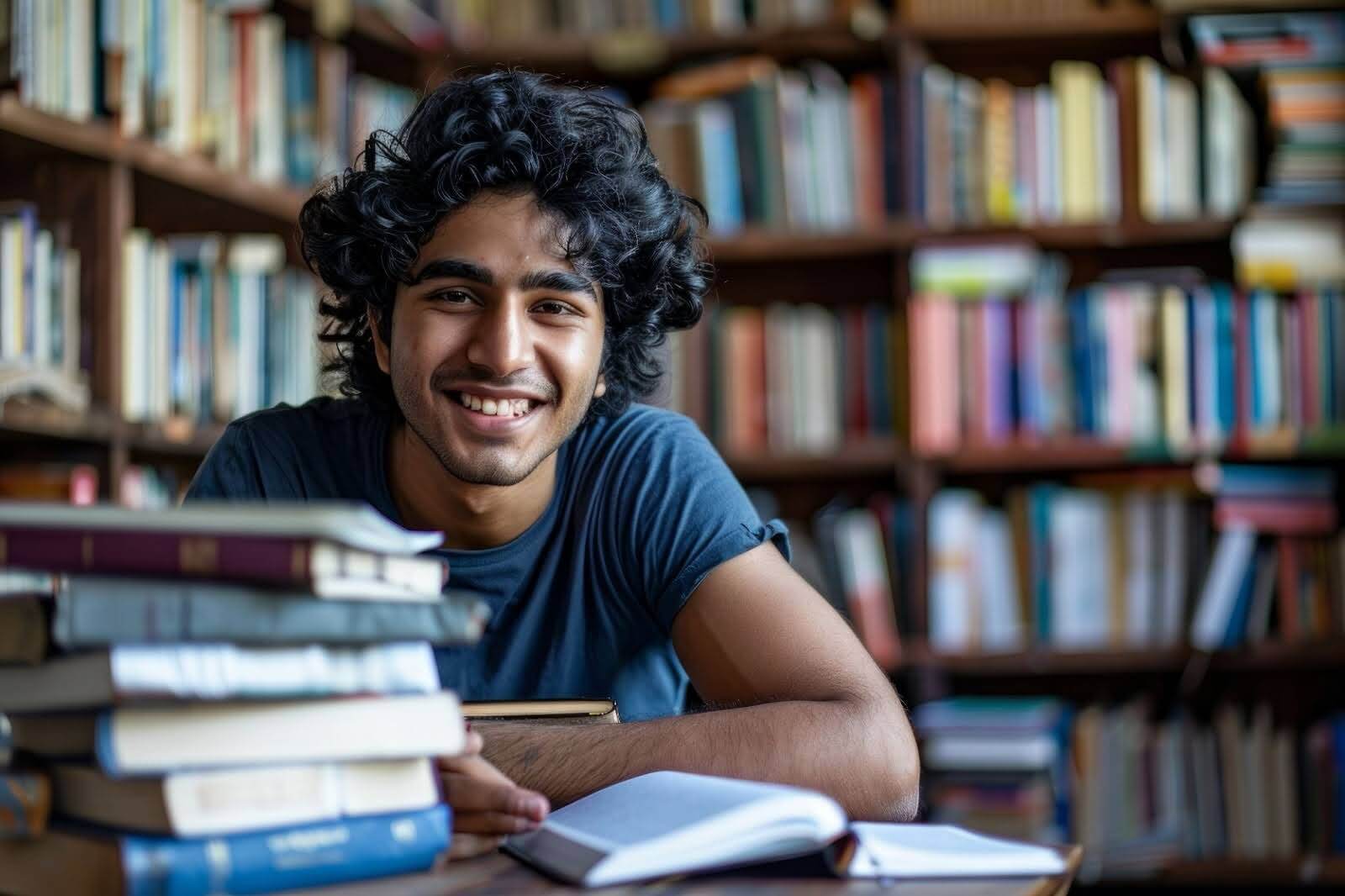 A young man studying in the library