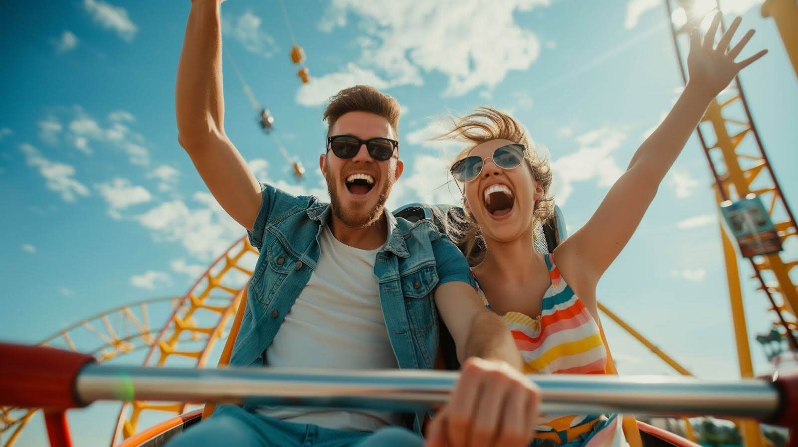 A man and a woman enjoying a roller coaster ride