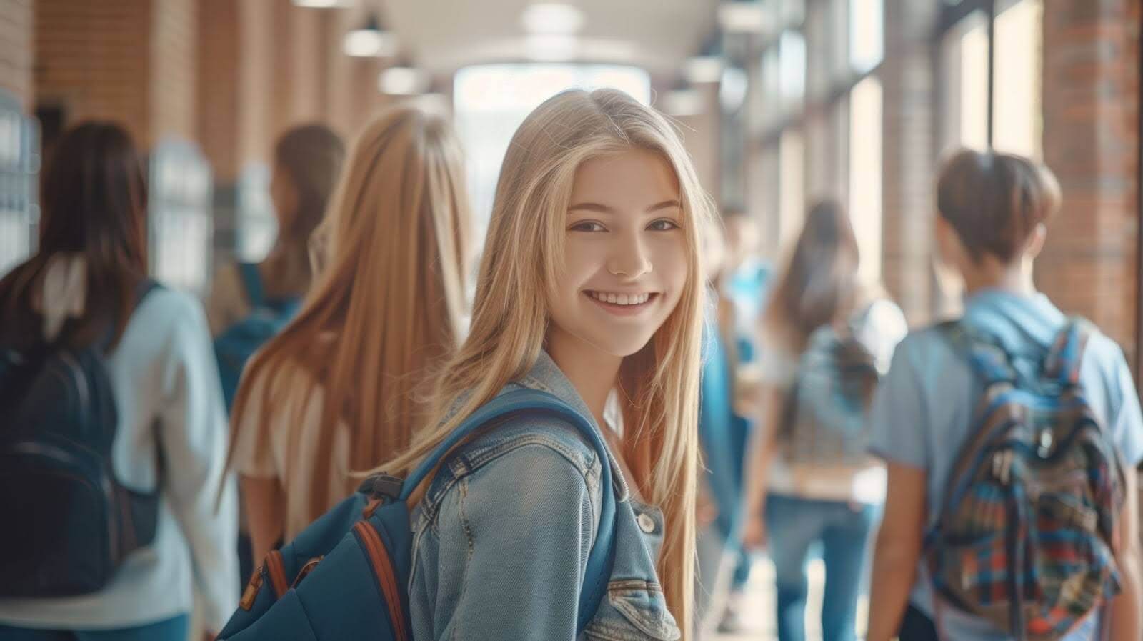 A smiling female student in the school hallway