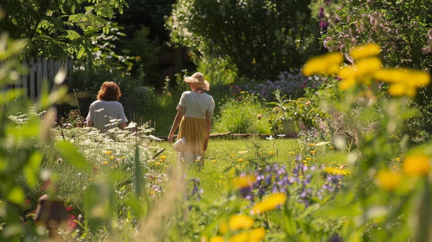 Two women walking in the garden