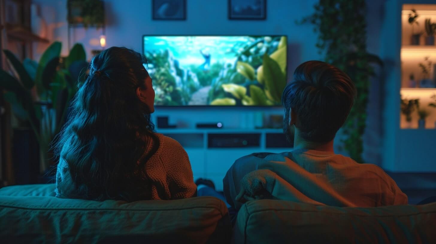 A man and a woman watching a documentary on nature on TV