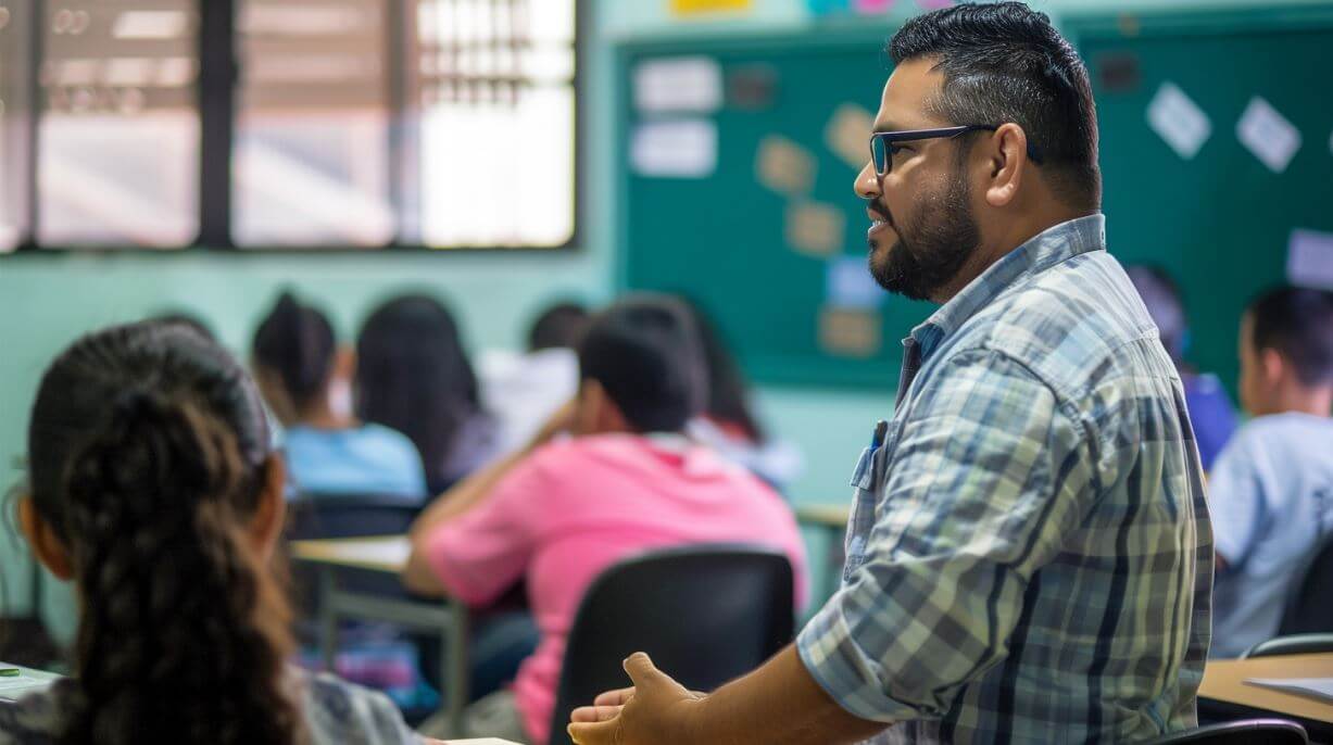 A Hispanic male teacher conducting a Spanish class