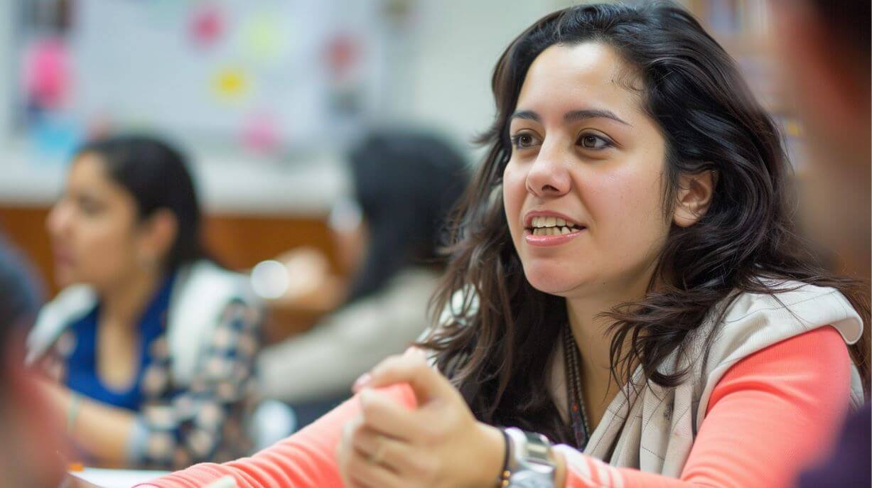 A female Hispanic teacher during a Spanish class