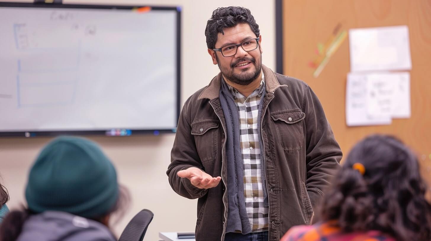 A male Hispanic teacher conducting a Spanish lesson