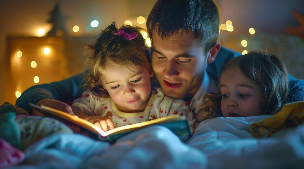 A man reading stories to his daughters