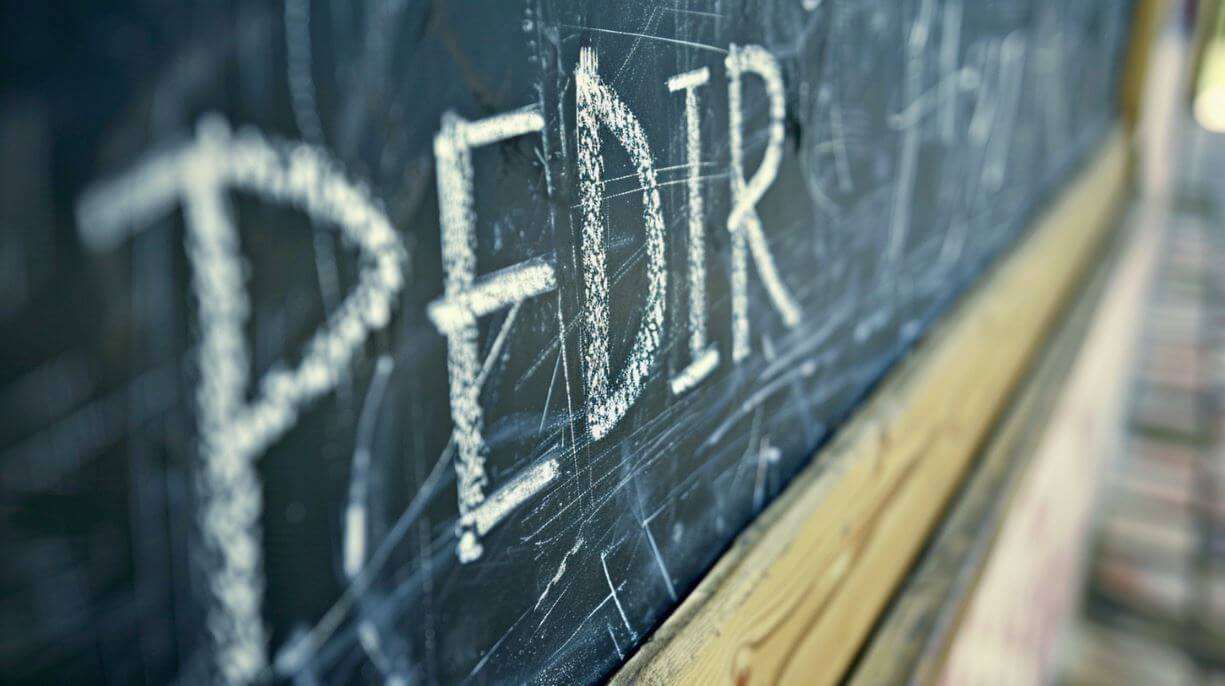 The word “pedir” written on the blackboard with chalk