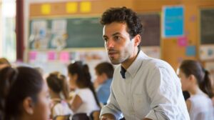 A male Spanish teacher conducting a Spanish class