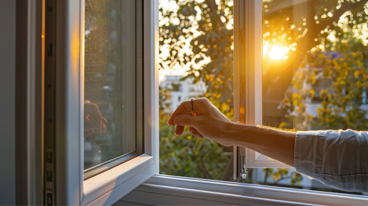 A person opening a window in the morning